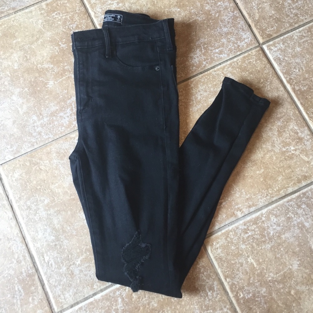 A&F High Rise Black Destroyed Super Skinny Jeans